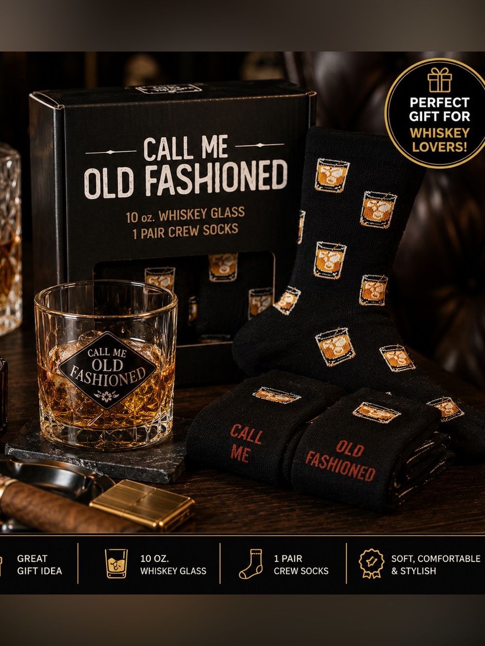 NEW Call Me Old Fashioned Whiskey Glass & Socks Gift Set